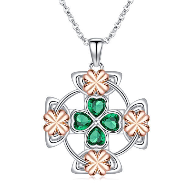 Sterling Silver Two-tone Heart Shaped Crystal Four Leaf Clover & Celtic Knot Pendant Necklace-1