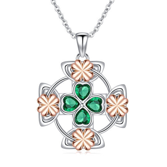 Sterling Silver Two-tone Heart Shaped Crystal Four Leaf Clover & Celtic Knot Pendant Necklace