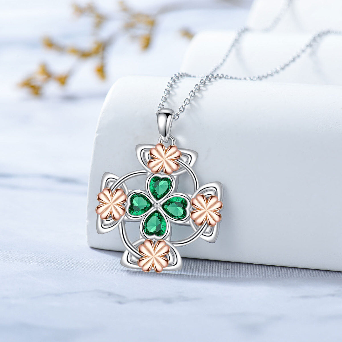 Sterling Silver Two-tone Heart Shaped Crystal Four Leaf Clover & Celtic Knot Pendant Necklace-3