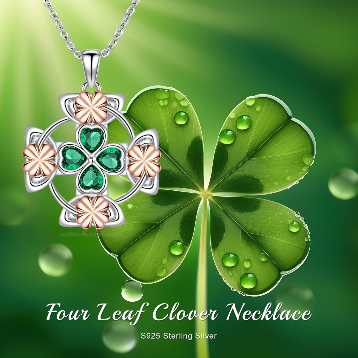 Sterling Silver Two-tone Heart Shaped Crystal Four Leaf Clover & Celtic Knot Pendant Necklace-6