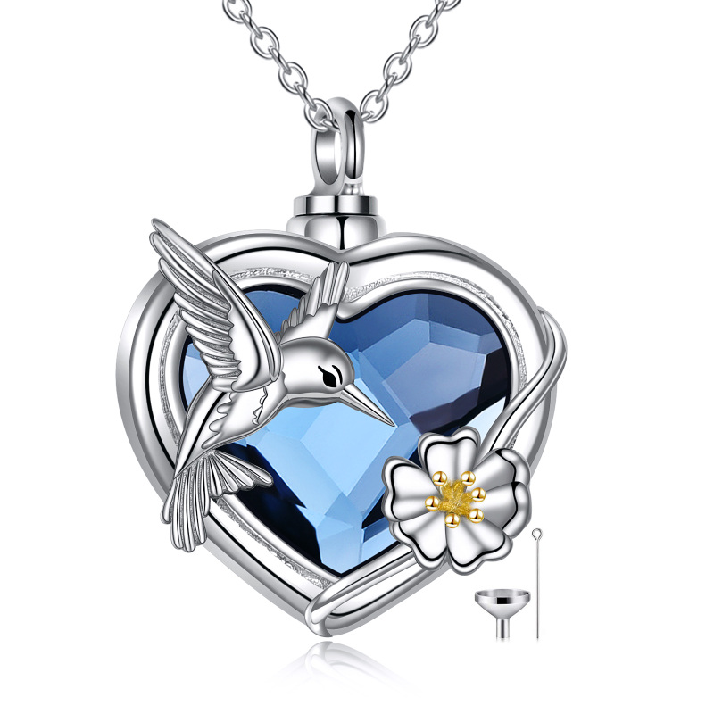 Sterling Silver Two-tone Heart Shaped Crystal Hummingbird & Daisy Urn Necklace for Ashes with Engraved Word-9