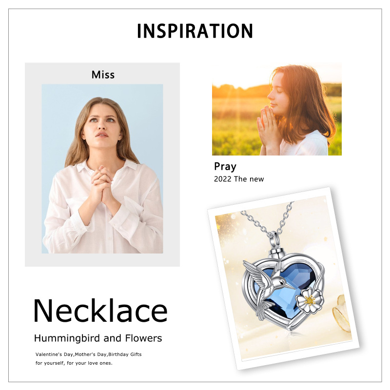 Collier en argent sterling bicolore en forme de cœur en cristal avec colibri et marguerite pour cendres avec mot gravé-3
