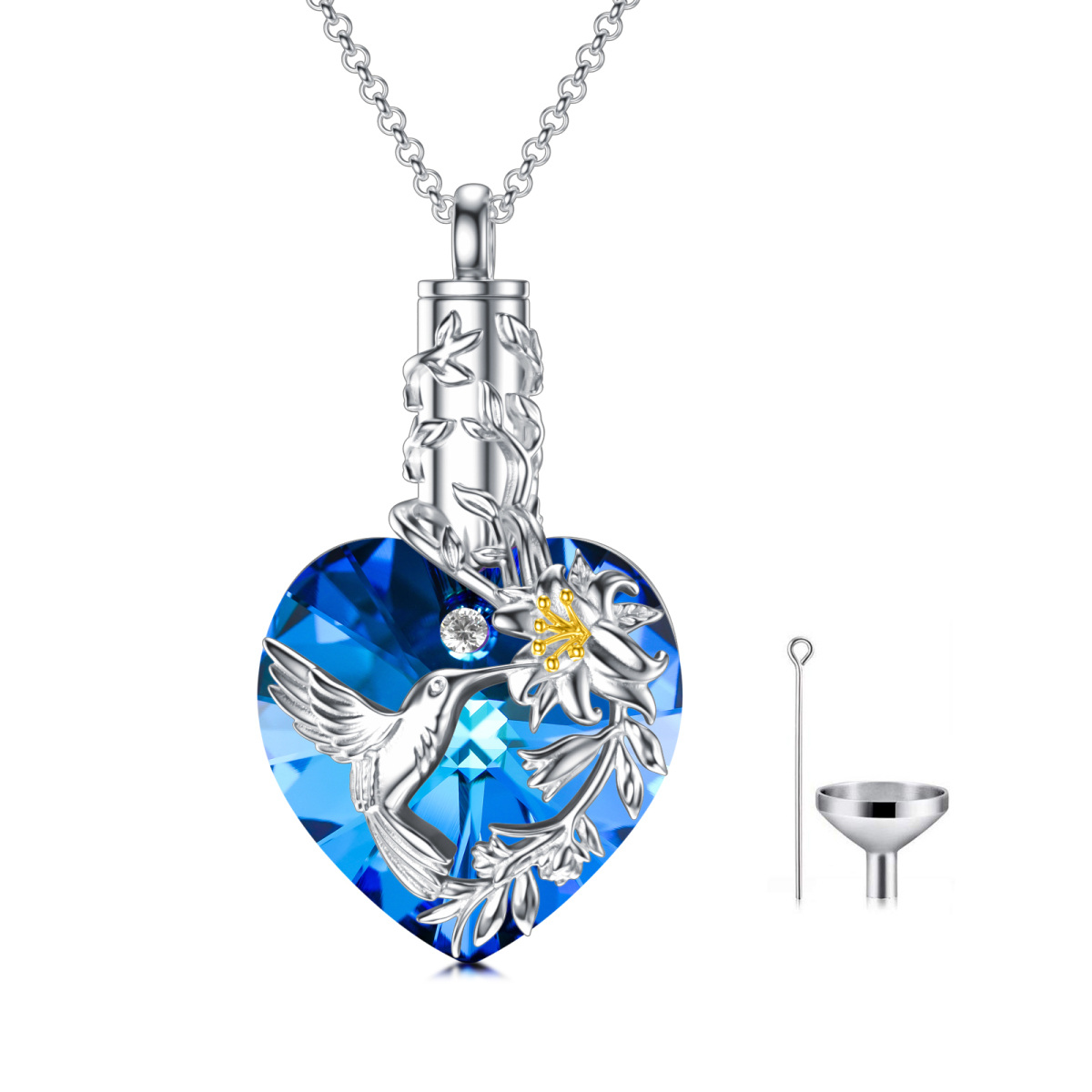 Sterling Silver Two-tone Heart Shaped Crystal Hummingbird & Lily & Heart Urn Necklace for Ashes-1