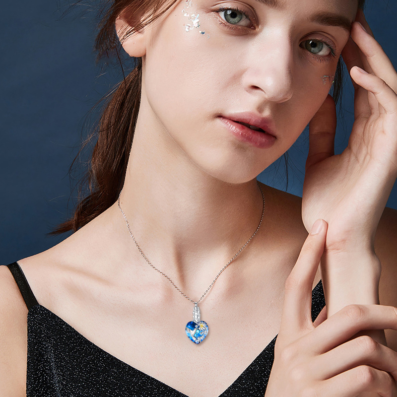 Sterling Silver Blue Crystal Hummingbird & Lily Heart Urn Necklace For Ashes Keepsake Memorial Jewelry-2