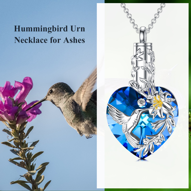 Sterling Silver Blue Crystal Hummingbird & Lily Heart Urn Necklace For Ashes Keepsake Memorial Jewelry-3