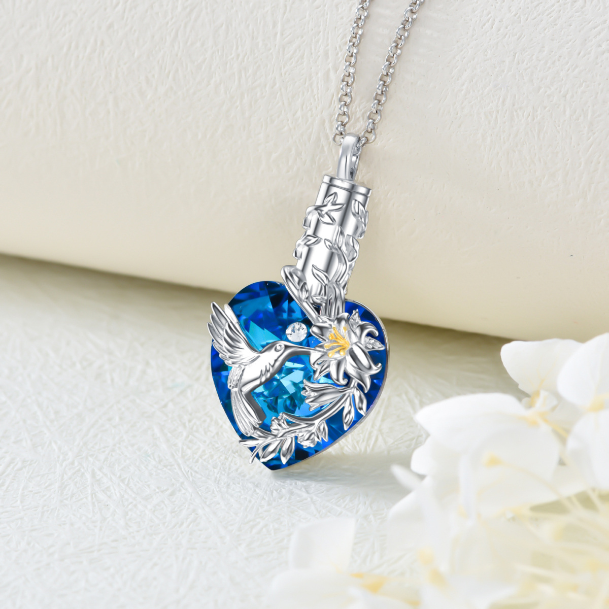 Sterling Silver Two-tone Heart Shaped Crystal Hummingbird & Lily & Heart Urn Necklace for Ashes-4