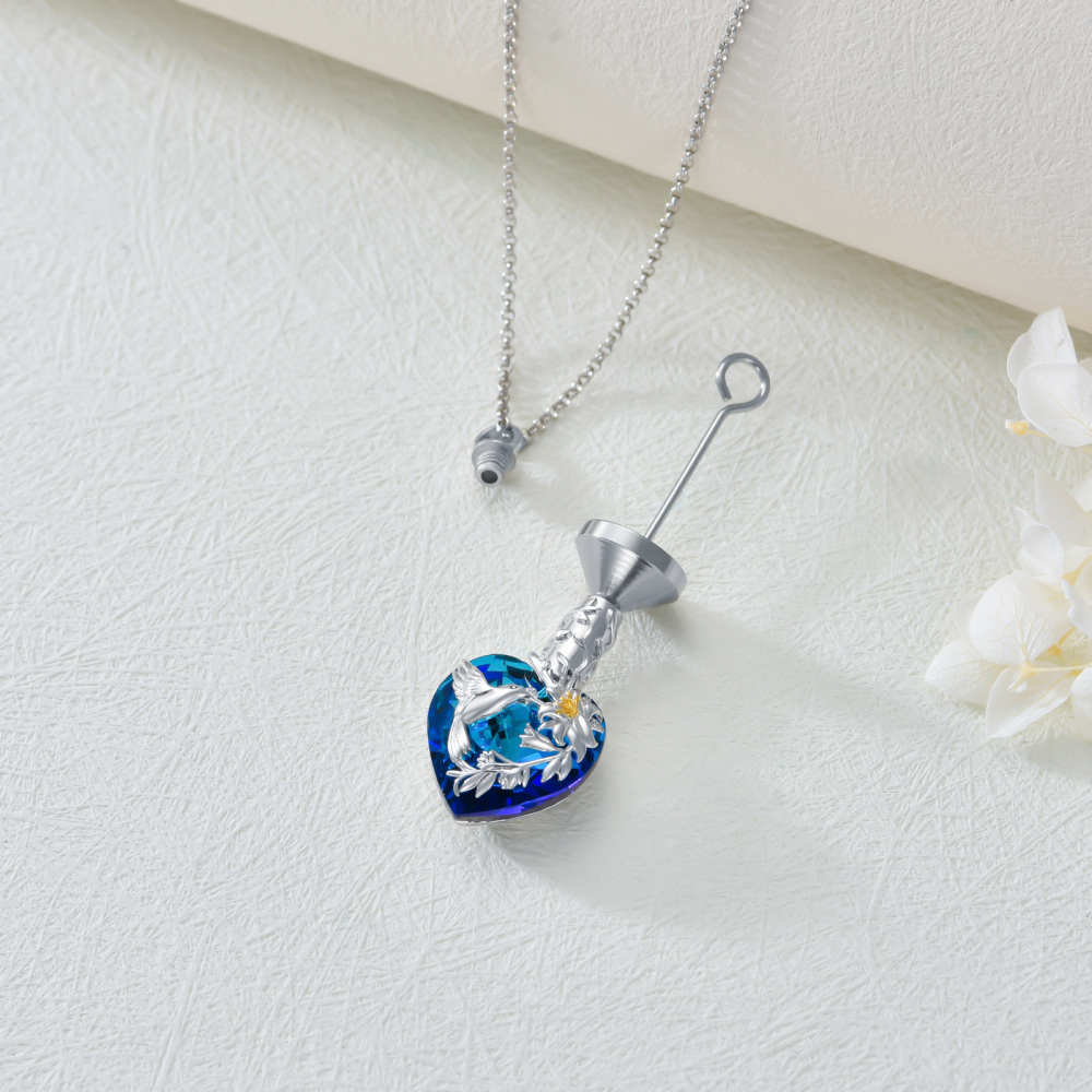 Sterling Silver Blue Crystal Hummingbird & Lily Heart Urn Necklace For Ashes Keepsake Memorial Jewelry-5