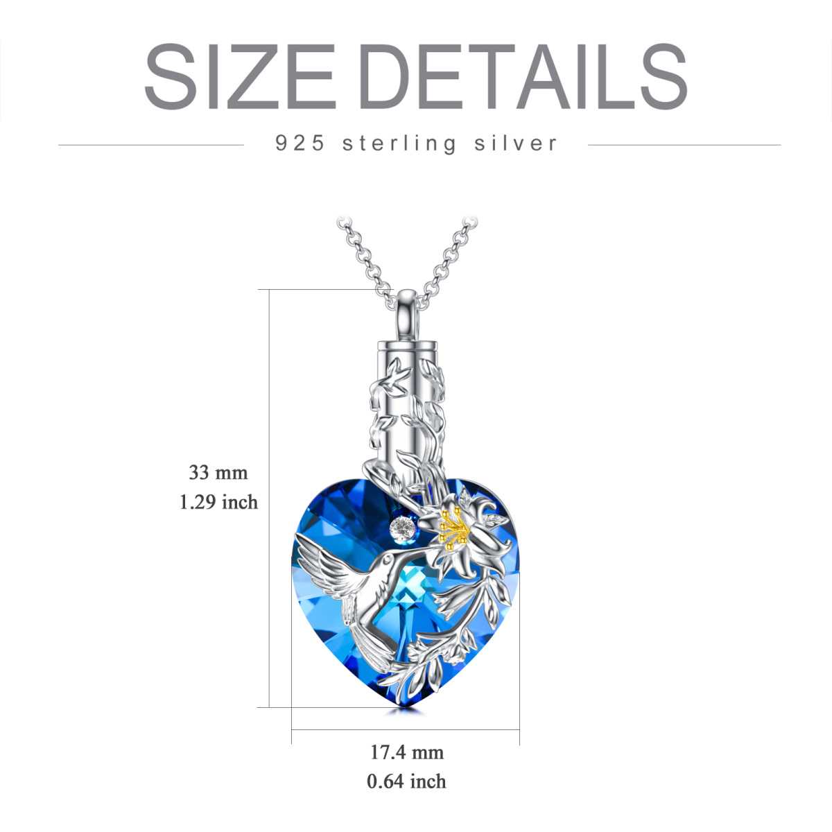 Sterling Silver Two-tone Heart Shaped Crystal Hummingbird & Lily & Heart Urn Necklace for Ashes-6