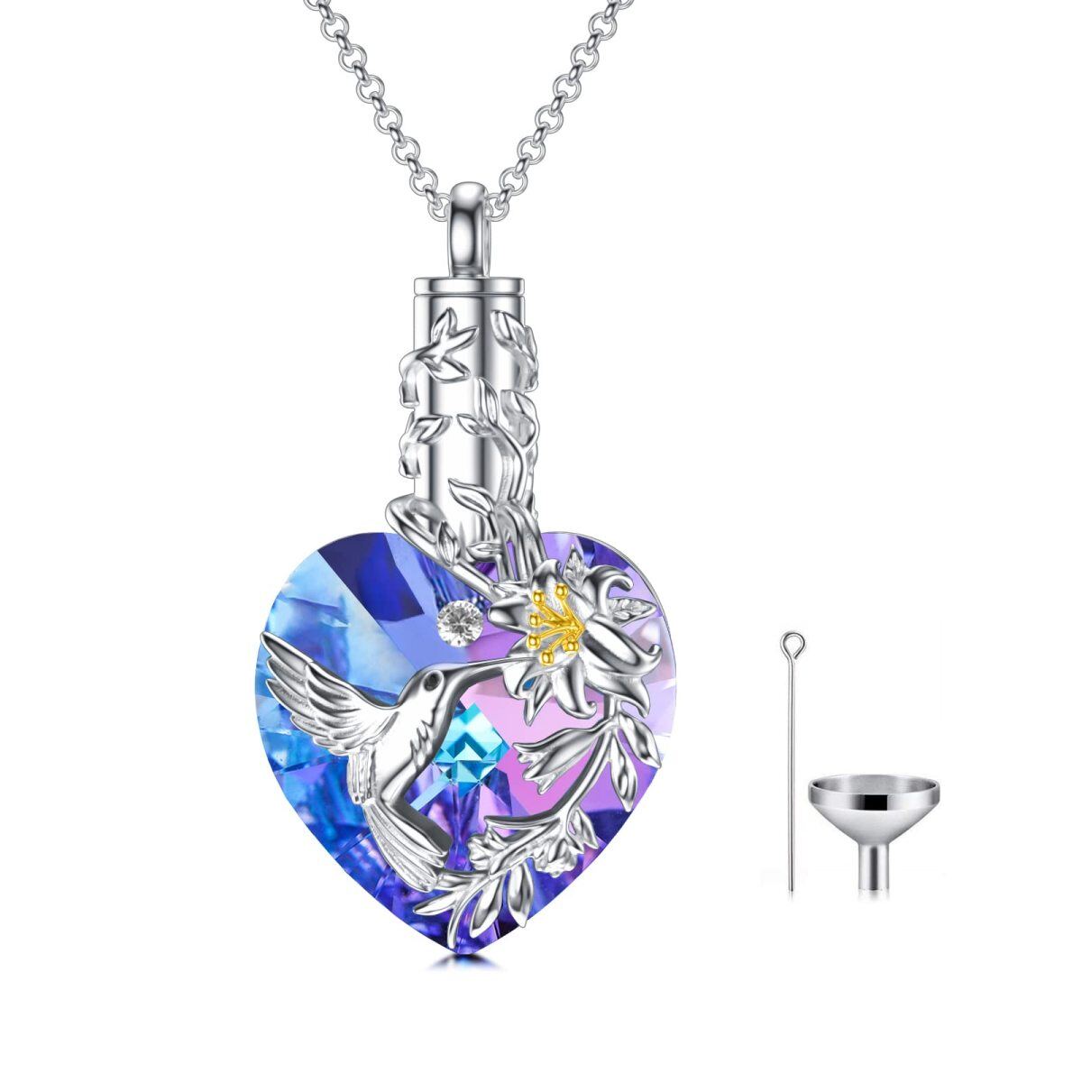 Sterling Silver Purple Crystal Hummingbird & Lily Heart Urn Necklace For Ashes Keepsake Memorial Jewelry-1