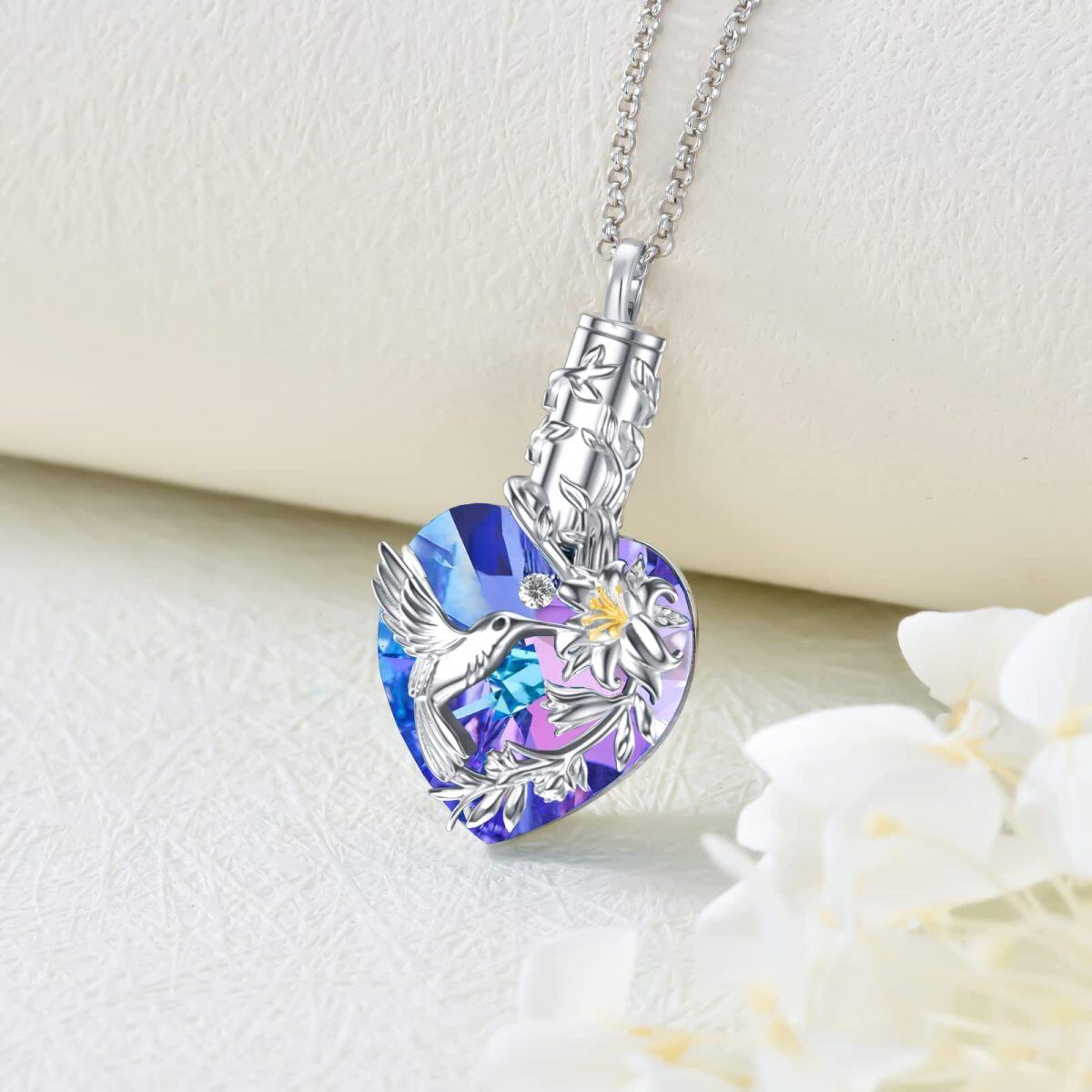 Sterling Silver Purple Crystal Hummingbird & Lily Heart Urn Necklace For Ashes Keepsake Memorial Jewelry-3