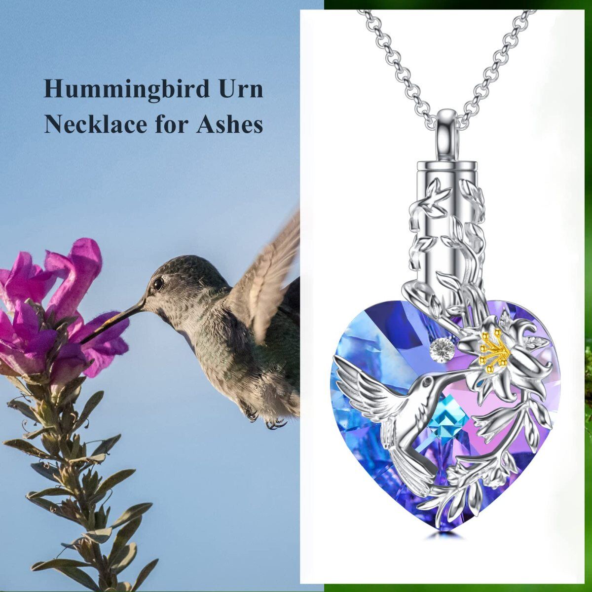 Sterling Silver Purple Crystal Hummingbird & Lily Heart Urn Necklace For Ashes Keepsake Memorial Jewelry-5