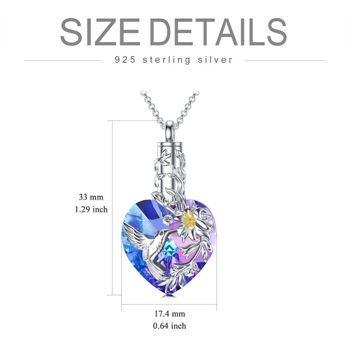 Sterling Silver Purple Crystal Hummingbird & Lily Heart Urn Necklace For Ashes Keepsake Memorial Jewelry-6