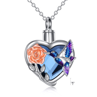 Sterling Silver Two-Tone Heart Crystal Hummingbird & Rose Urn Necklace For Ashes-29