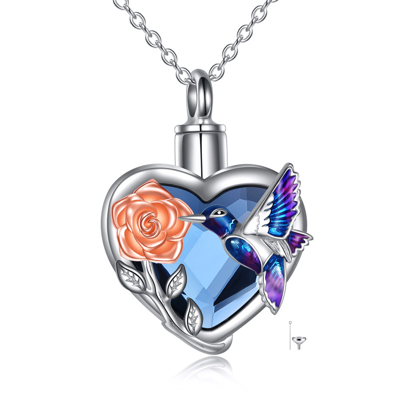 Plata de ley de dos tonos en forma de corazón de cristal colibrí y rosa y corazón urna col