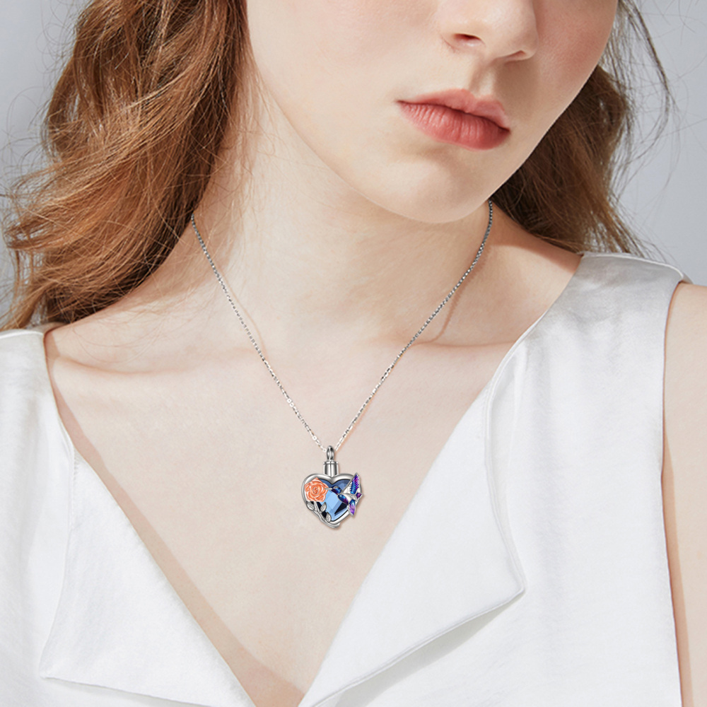 Collar de urna para cenizas con forma de colibrí y rosa de cristal de corazón de dos tonos de plata de ley-2