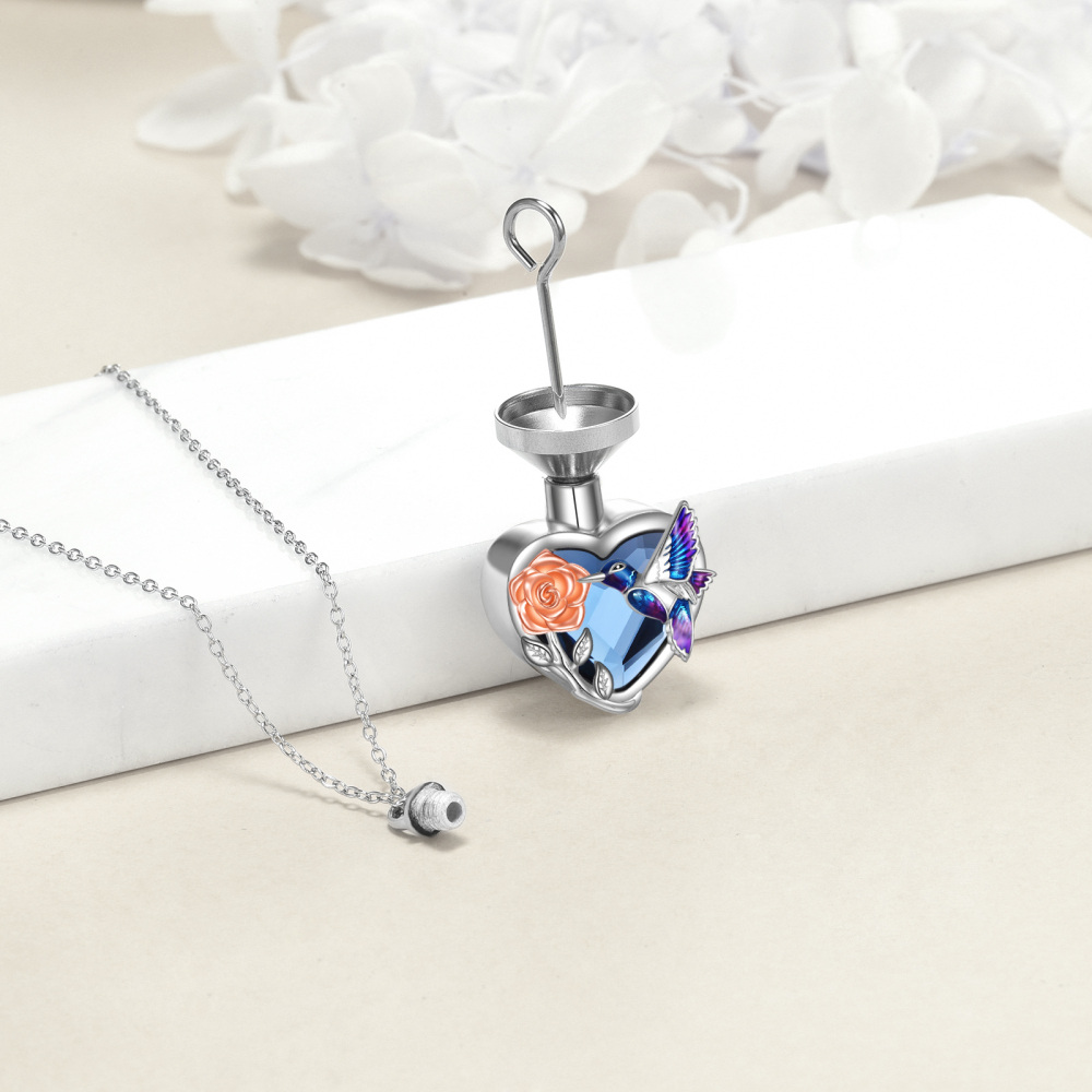 Collar de urna para cenizas con forma de colibrí y rosa de cristal de corazón de dos tonos de plata de ley-3