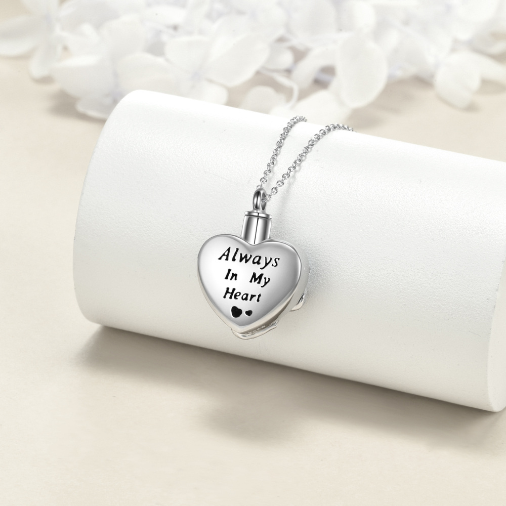 Collar de urna para cenizas con forma de colibrí y rosa de cristal de corazón de dos tonos de plata de ley-4