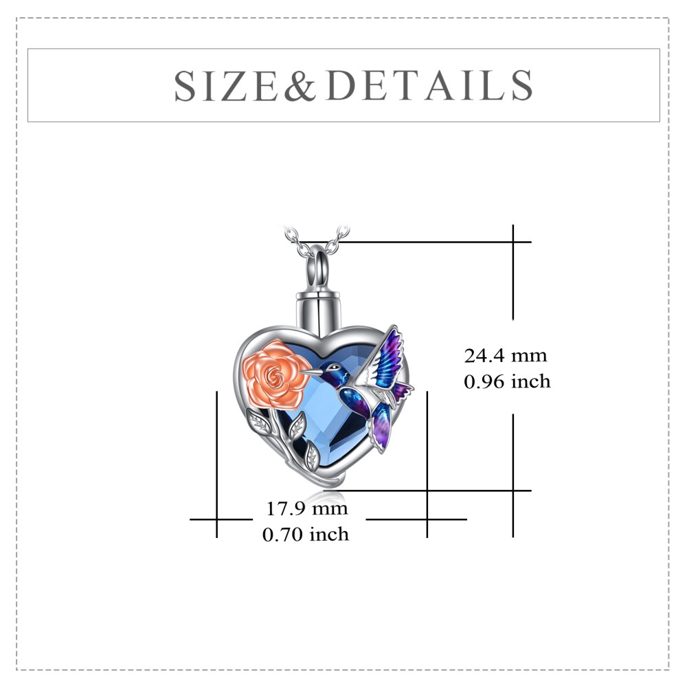 Collar de urna para cenizas con forma de colibrí y rosa de cristal de corazón de dos tonos de plata de ley-5