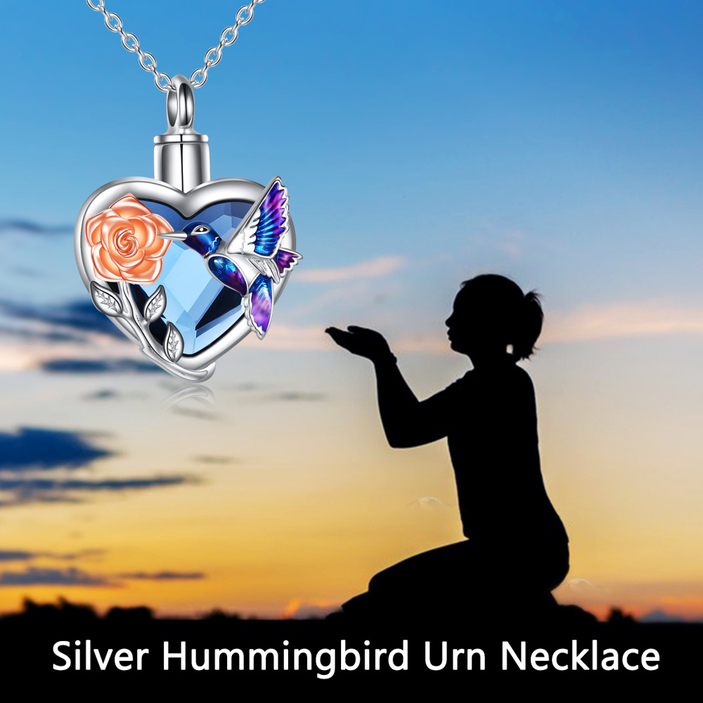 Collar de urna para cenizas con forma de colibrí y rosa de cristal de corazón de dos tonos de plata de ley-6