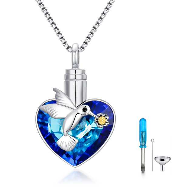 Sterling Silver Two-tone Heart Shaped Crystal Hummingbird & Heart Urn Necklace for Ashes-1