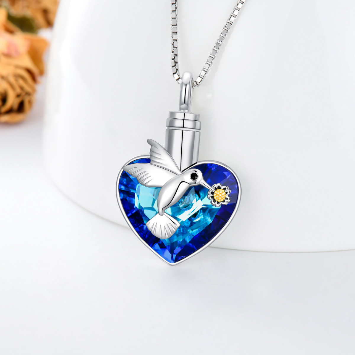 Sterling Silver Two-tone Heart Shaped Crystal Hummingbird & Heart Urn Necklace for Ashes-2