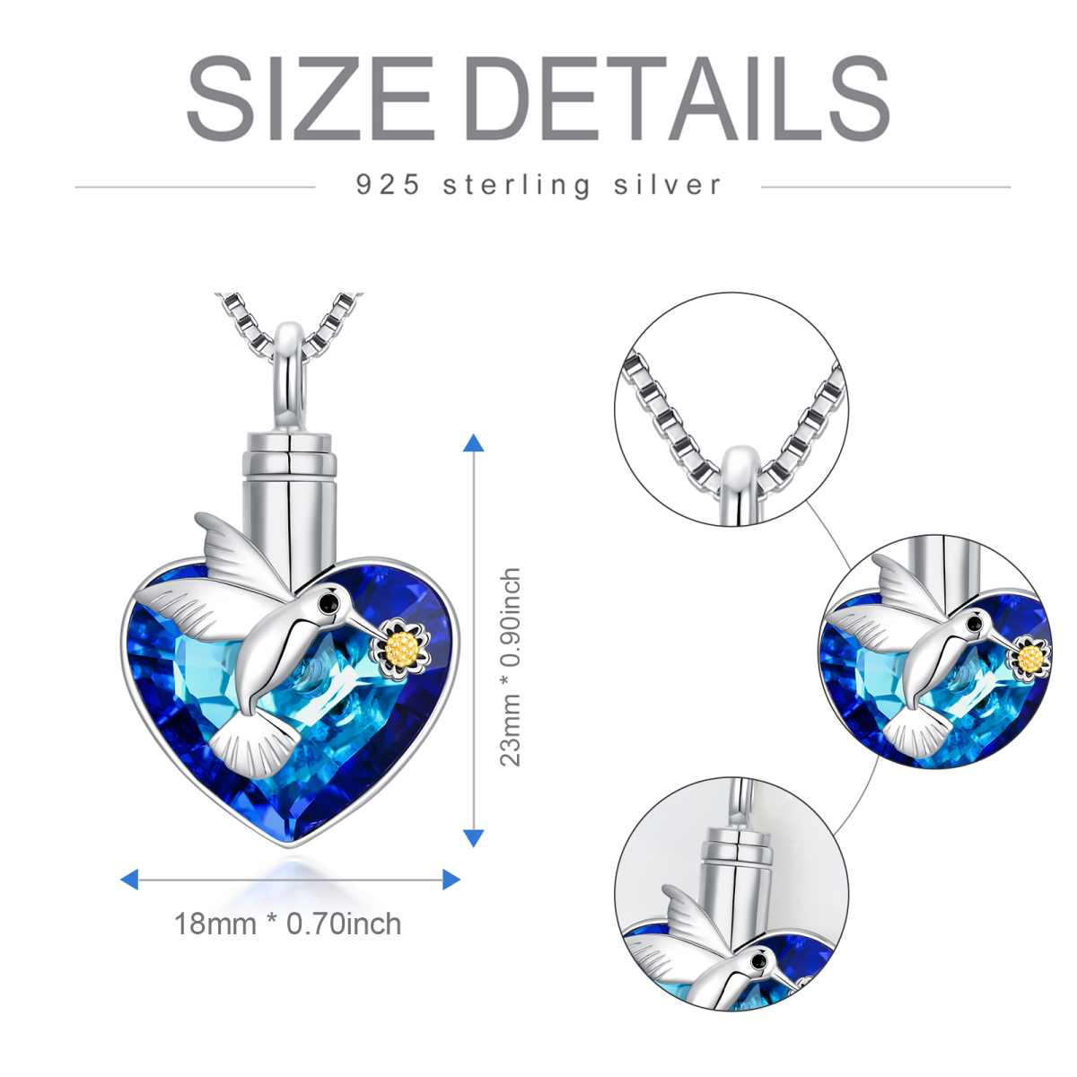 Sterling Silver Two-tone Heart Shaped Crystal Hummingbird & Heart Urn Necklace for Ashes-3