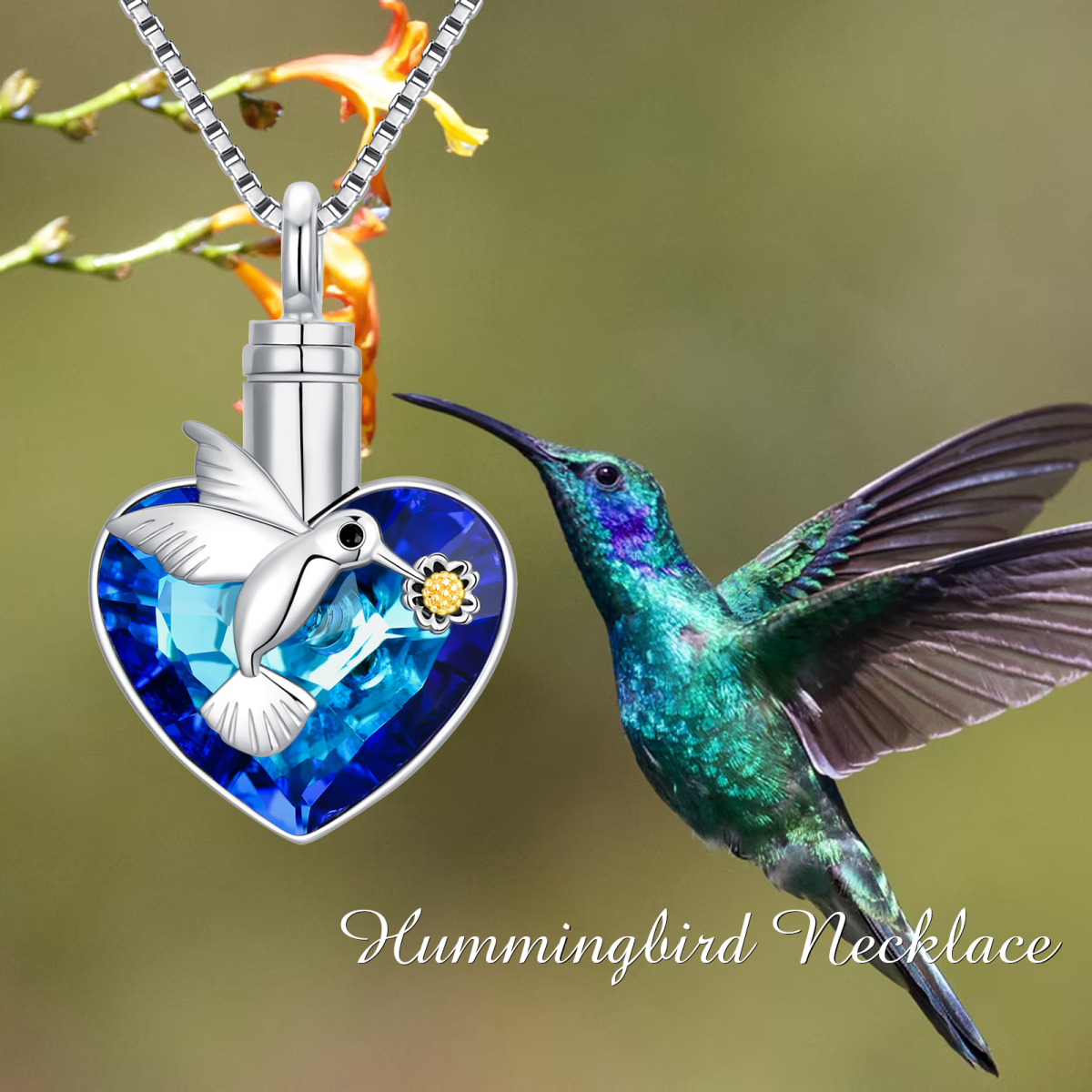 Sterling Silver Two-tone Heart Shaped Crystal Hummingbird & Heart Urn Necklace for Ashes-4