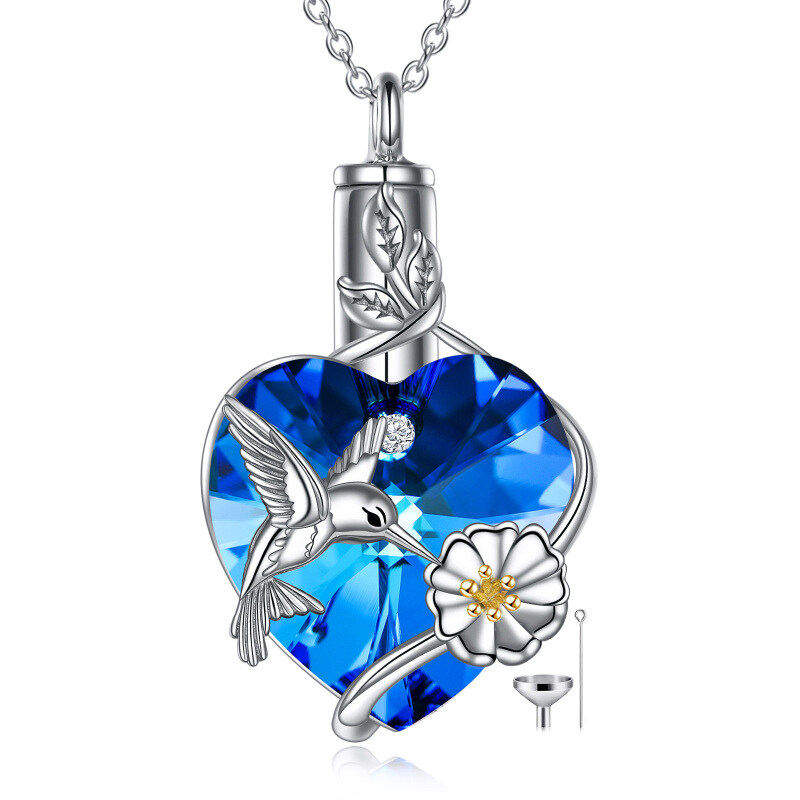 Sterling Silver Two-tone Heart Shaped Crystal Hummingbird & Heart Urn Necklace for Ashes-4