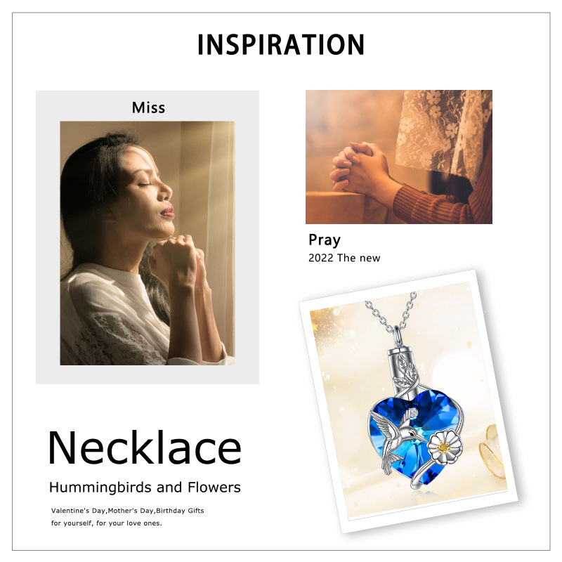 Collana con urna di colibrì in cristallo di cuore bicolore in argento sterling per ceneri-5