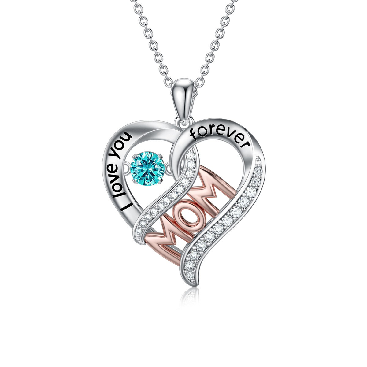 Sterling Silver Two-Tone Heart Crystal Mother With Heart Pendant Necklace With Engraved Word For Women-1