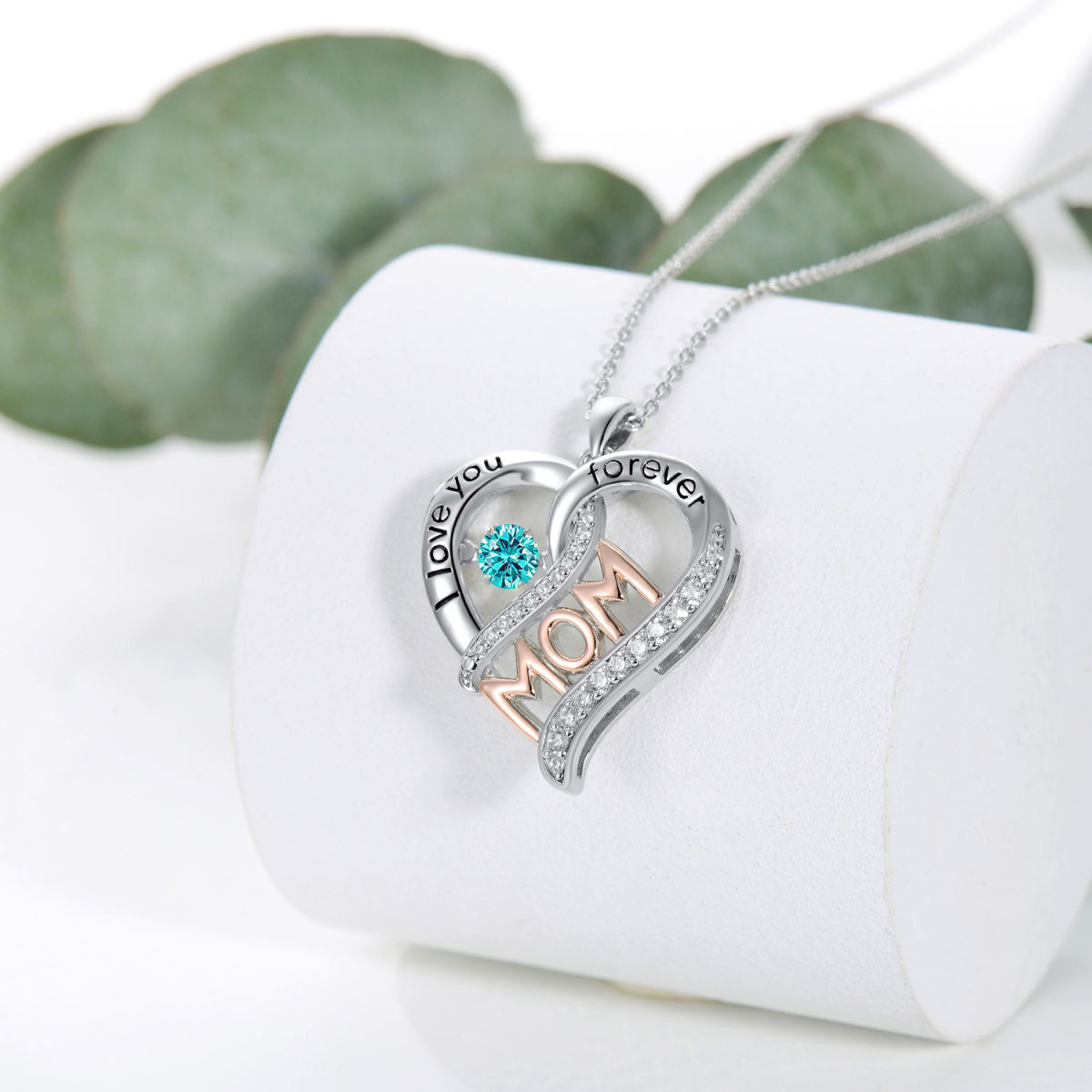 Collar con colgante de corazón y cristal de dos tonos de plata de ley con palabra grabada para mujer-4