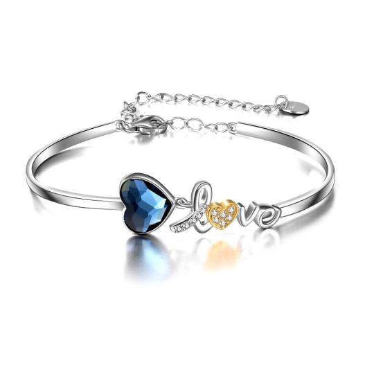 Sterling Silver Two-Tone Heart Crystal Pendant Bangle With Engraved Word For Women