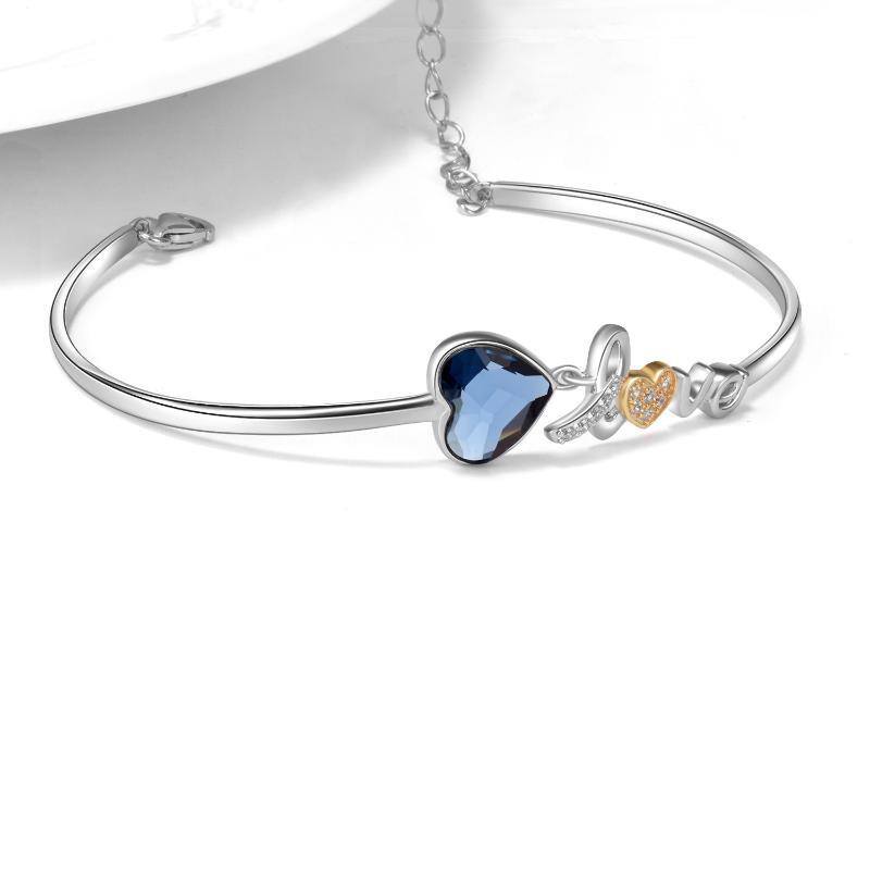 Sterling Silver Two-Tone Heart Crystal Pendant Bangle With Engraved Word For Women-4