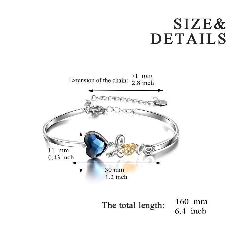 Sterling Silver Two-Tone Heart Crystal Pendant Bangle With Engraved Word For Women-5