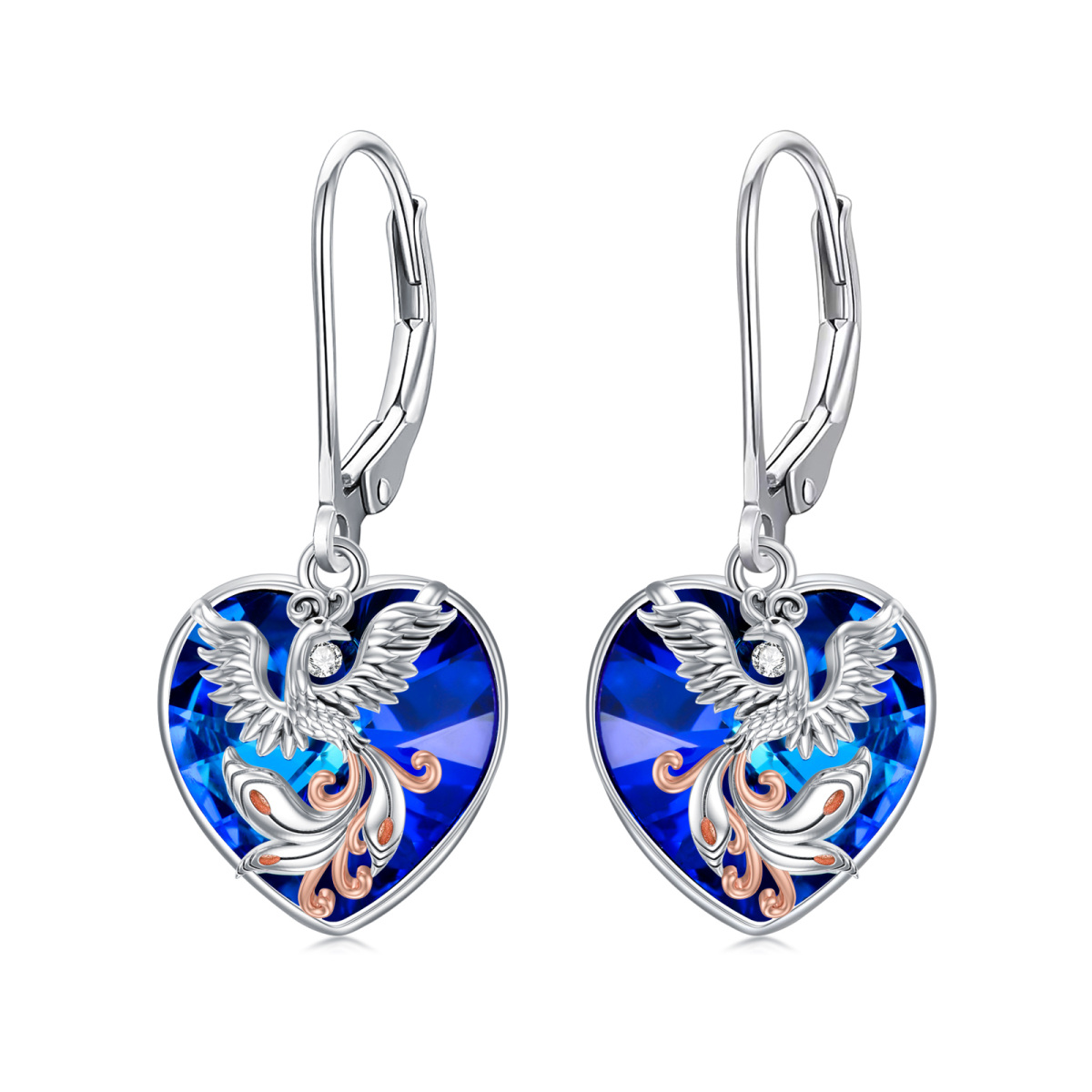 Sterling Silver Two-Tone Heart Crystal Phoenix Lever-Back Earrings For Women-1