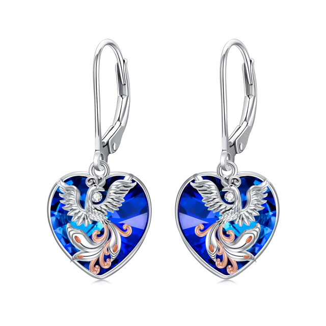 Sterling Silver Two-tone Heart Shaped Crystal Phoenix & Heart Lever-back Earrings