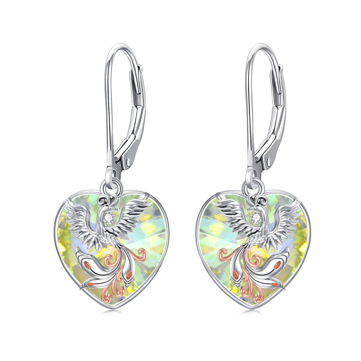 Sterling Silver Two-Tone Heart Crystal Phoenix Lever-Back Earrings For Women-1