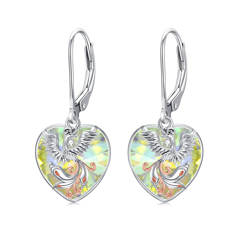 Sterling Silver Two-Tone Heart Crystal Phoenix Lever-Back Earrings For Women-3