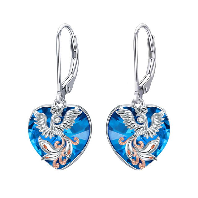 Sterling Silver Two-tone Heart Shaped Crystal Phoenix & Heart Lever-back Earrings-1