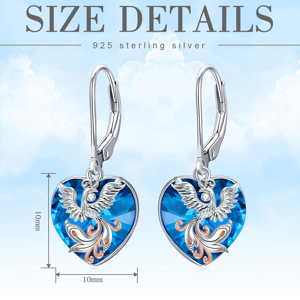 Boucles d'oreilles en argent sterling avec Phoenix et Coeur en forme de coeur en cristal b-5