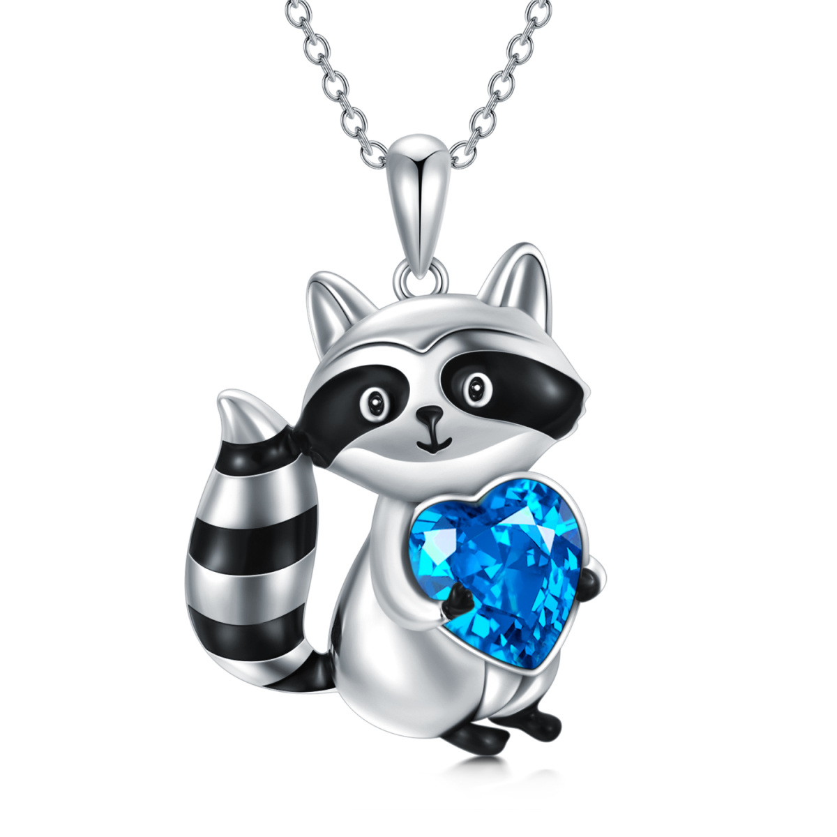 Sterling Silver Heart Crystal Raccoon Pendant Necklace For Women-1