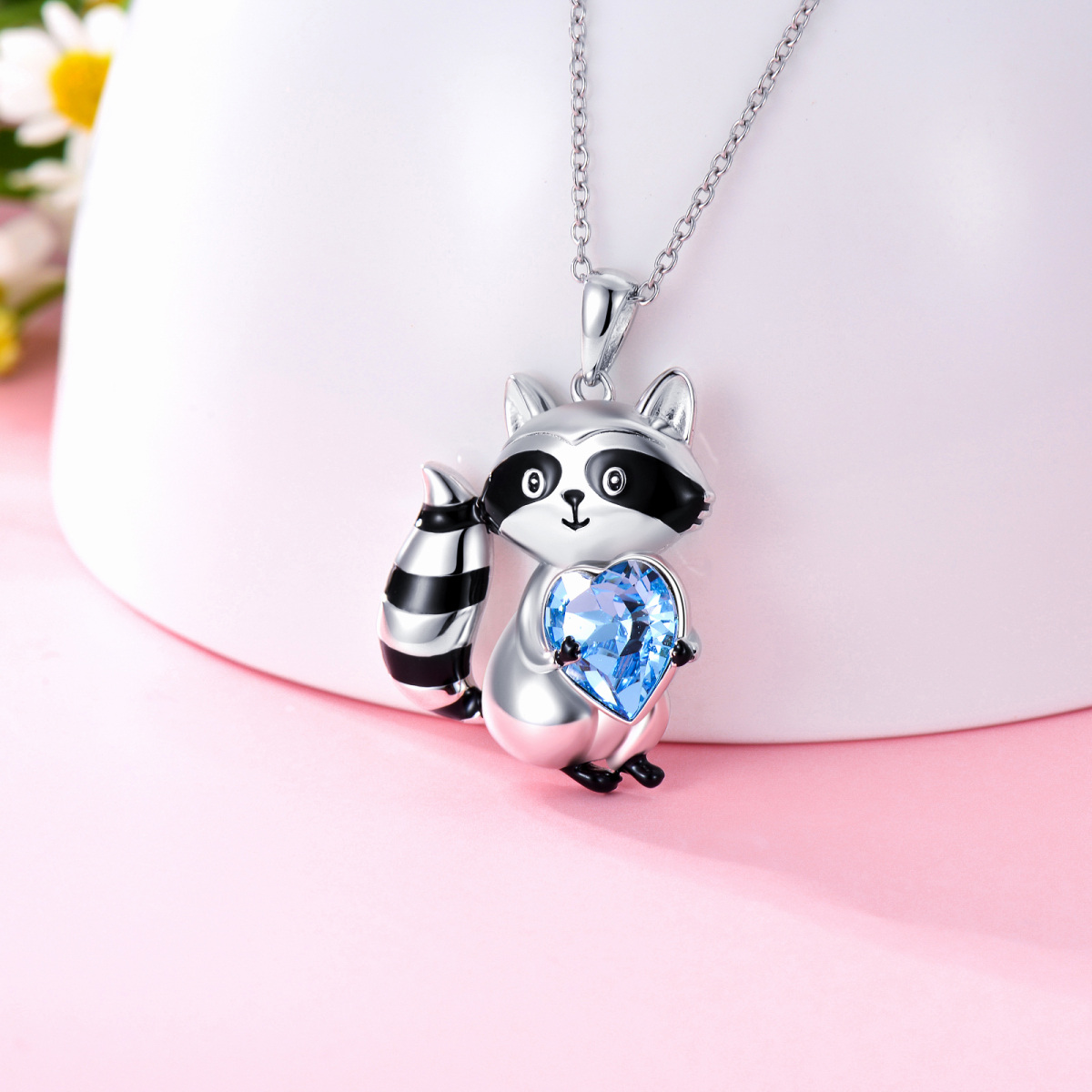 Sterling Silver Heart Crystal Raccoon Pendant Necklace For Women-3