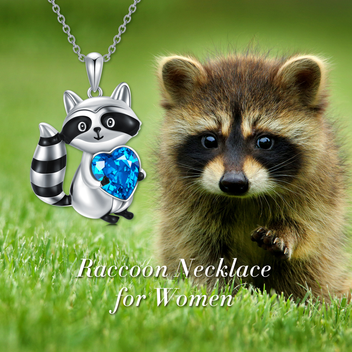 Sterling Silver Heart Crystal Raccoon Pendant Necklace For Women-6