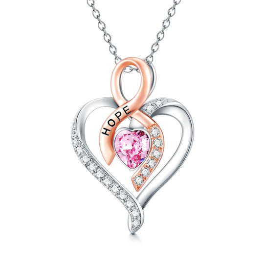 Sterling Silver Two-Tone Heart Crystal Ribbon Pendant Necklace For Women