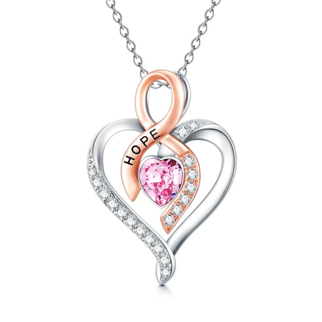 Sterling Silver Two-tone Heart Shaped Crystal Heart & Ribbon Pendant Necklace-4