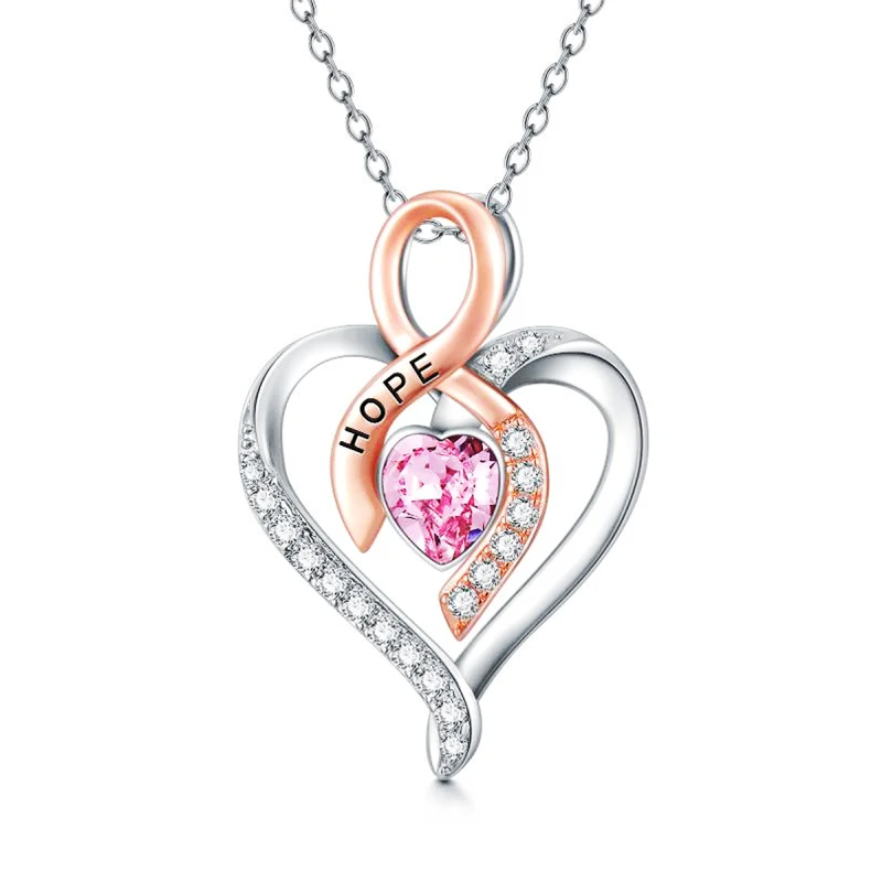 Sterling Silver Two-Tone Heart Crystal Ribbon Pendant Necklace For Women-1