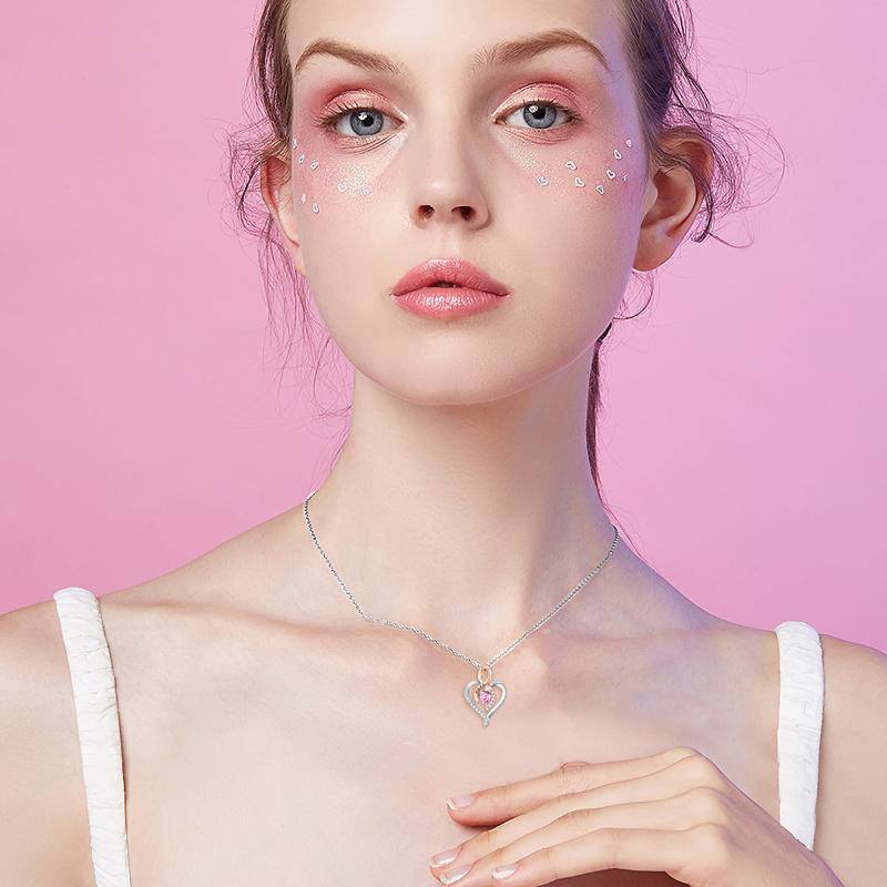 Sterling Silver Two-Tone Heart Crystal Ribbon Pendant Necklace For Women-2