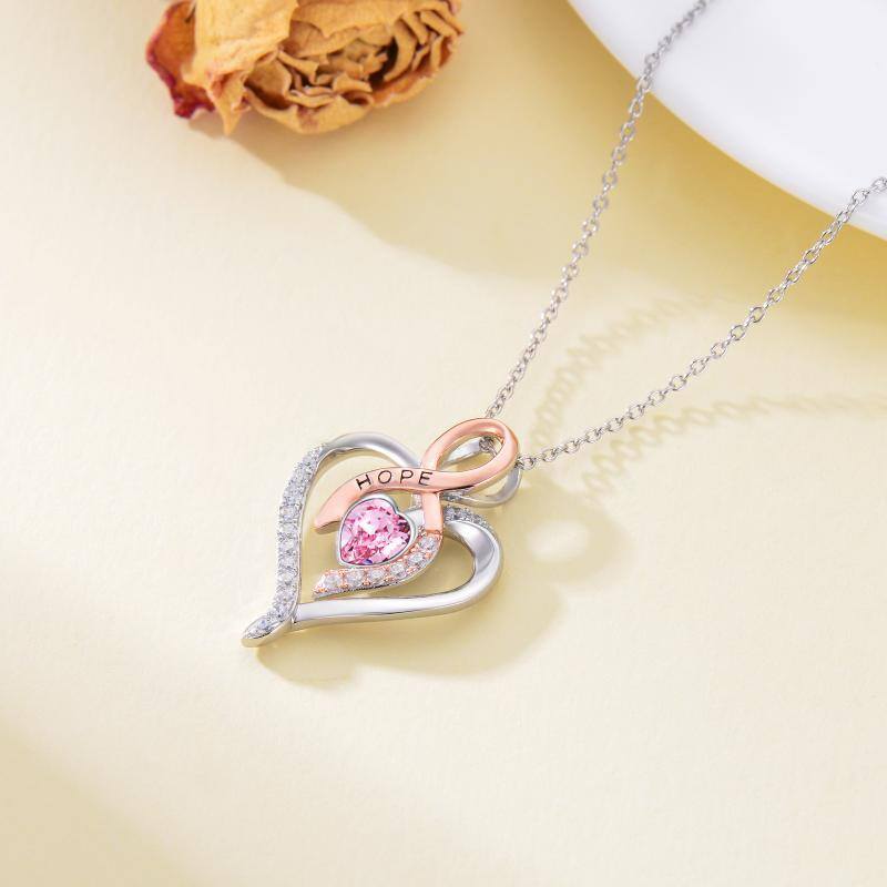 Collar con colgante de cinta de cristal de corazón de dos tonos de plata de ley para mujer-3