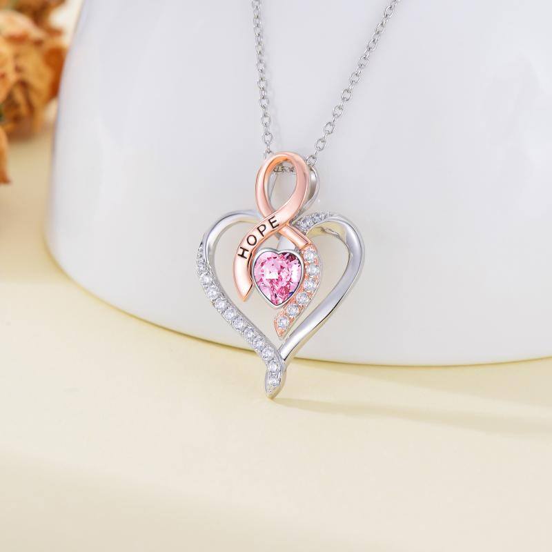 Sterling Silver Two-Tone Heart Crystal Ribbon Pendant Necklace For Women-4