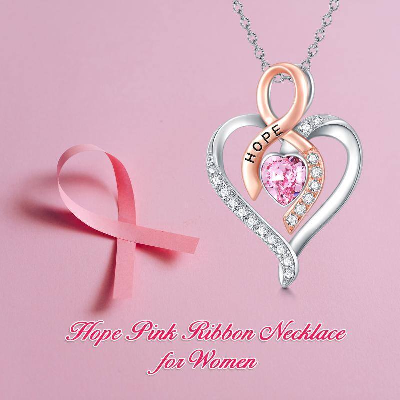 Sterling Silver Two-Tone Heart Crystal Ribbon Pendant Necklace For Women-6